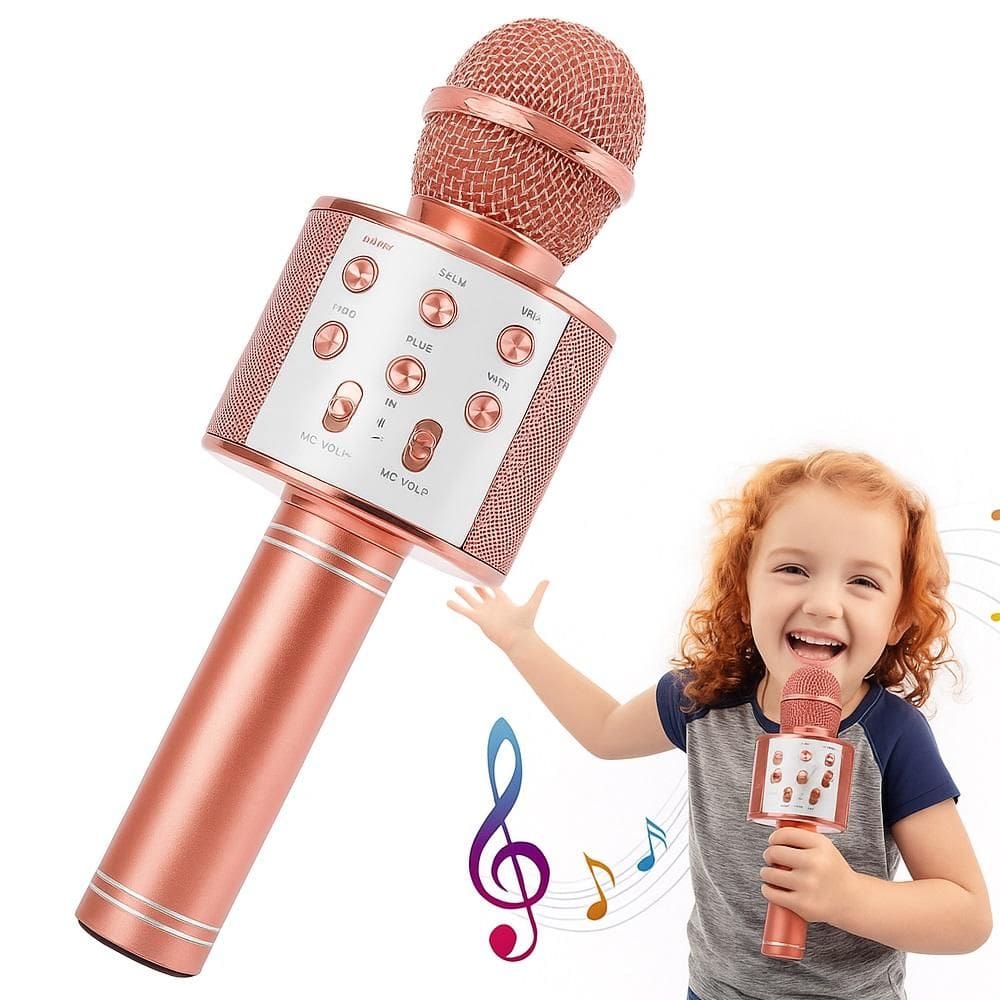 Microfone Karaoke Portatil Cantar Festas Reunioes Brincadeira Caixa De Som Bluetooth Portatil Sem Fio Rose Gold