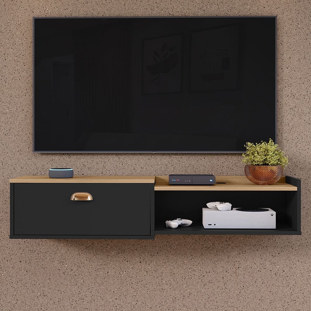 Rack Home Suspenso 1.20 Estante TV 42” Bancada México 1 Porta Puxador Concha Nicho Decoração Sala Quarto Preto/Hanover ? Lojas RPM