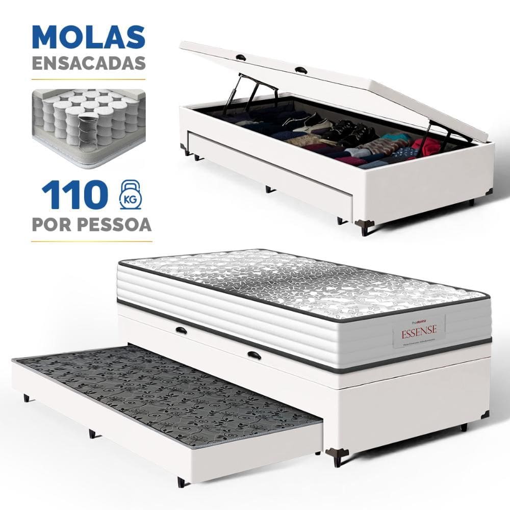 Cama Box Baú com Colchão de Molas Ensacadas Double Face Essence Probel + Auxiliar Solteiro 88cm