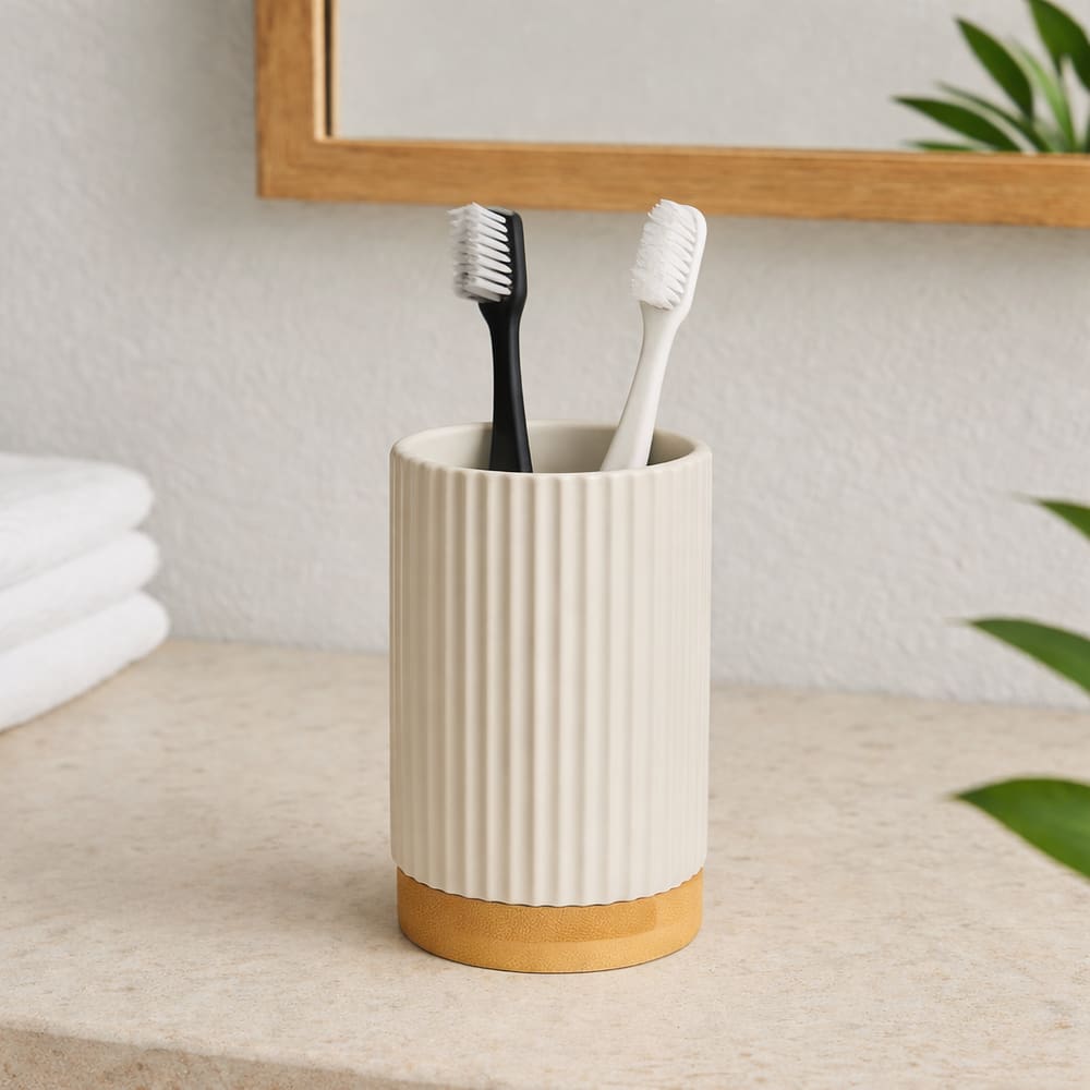 Copo Banheiro em Poliresina 10,8x7cm c\Bambu (Bege)