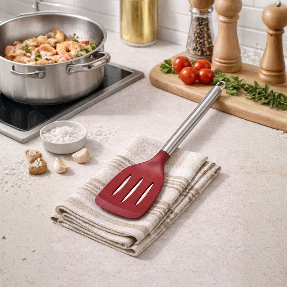 Espátula de Silicone Vazada com Cabo Inox Elite Vinho Bordê - Tuut