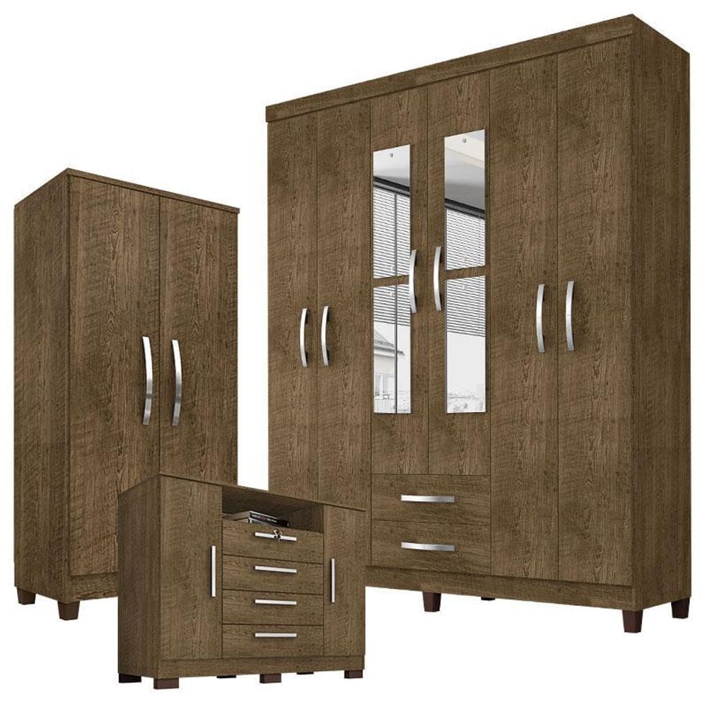 Guarda Roupa Casal Modena com Espelho 6 Portas Cômoda Madri e Armário Multiuso Recife Malbec - Incorplac