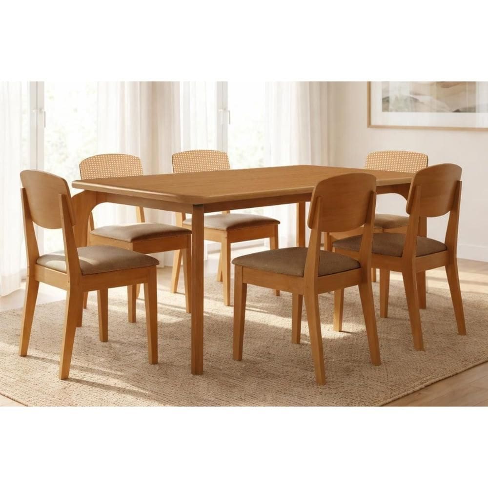 Sala Jantar Mesa Londrina Tampo Curvo 180cm+6 Cadeiras Havana Naturale - Linho Capuccino - Rufato