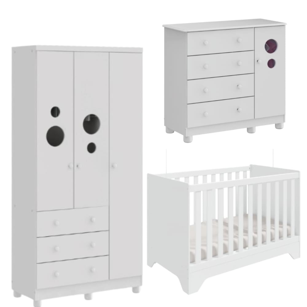 Kit Berço Cômoda Guarda Roupa Peroba Bolinha Quarto Infantil