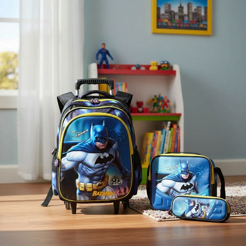 Kit Mochila Rodinha + Lancheira Térmica + Estojo - Batman 3d Preto Batman
