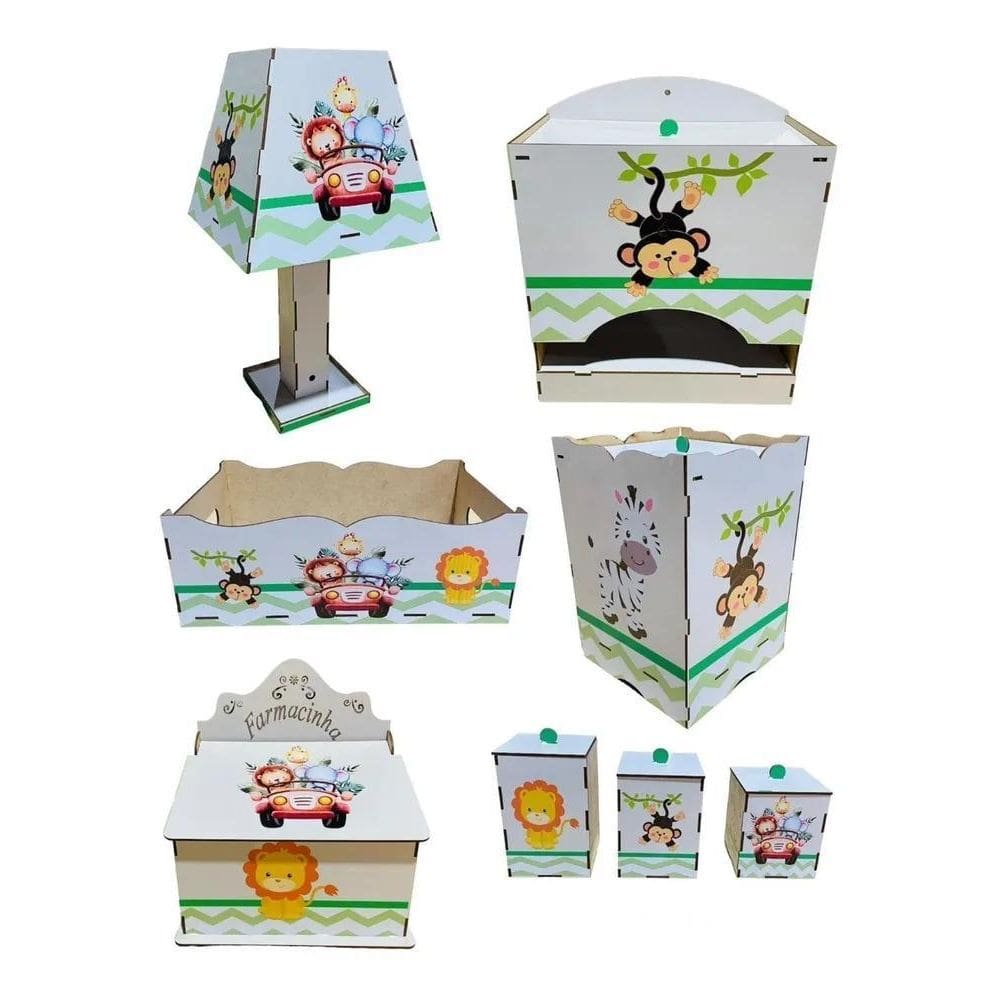 Kit Higiene Bebê Selva Safari 8 Peças Mdf Adesivado Novo
