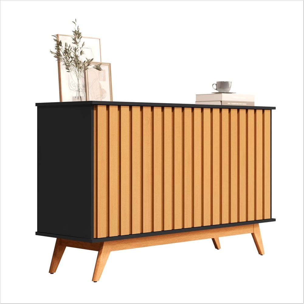 Balcao Buffet 3 portas Ripado 1,36 Juçara Preto Nature - Rede Móveis