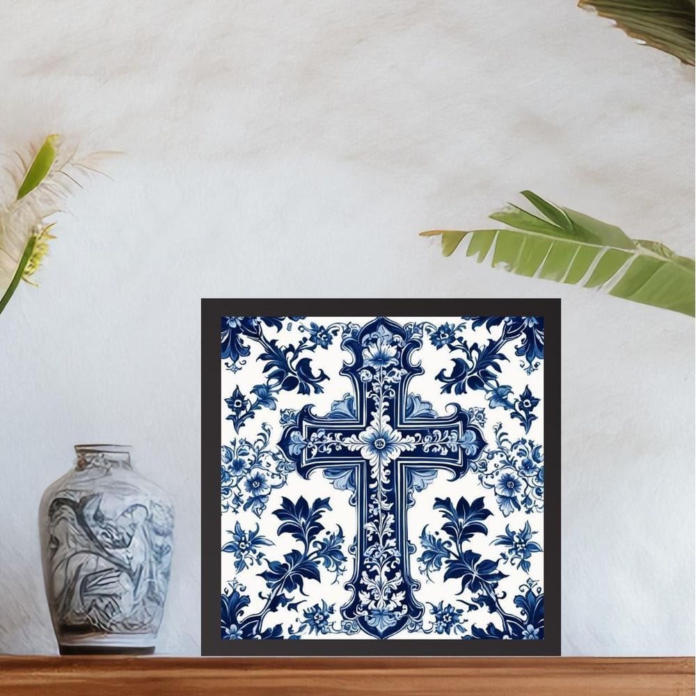 Quadro Cruz Estilo Azulejo Português Azul E Branco - 33X33Cm