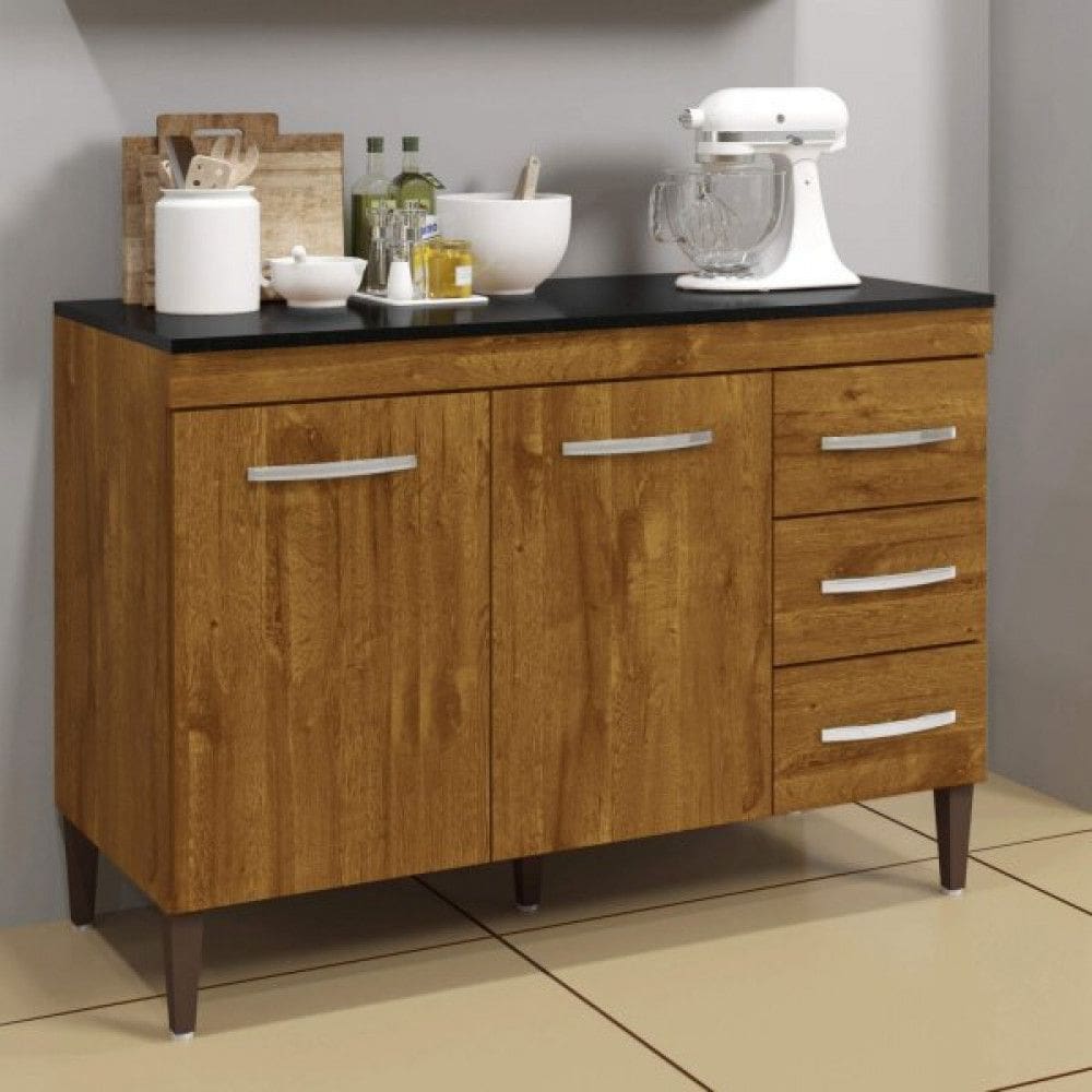 Balcao de Cozinha Virtus com Tampo Ipe 3 Gavetas 2 Portas Kaiki Moveis