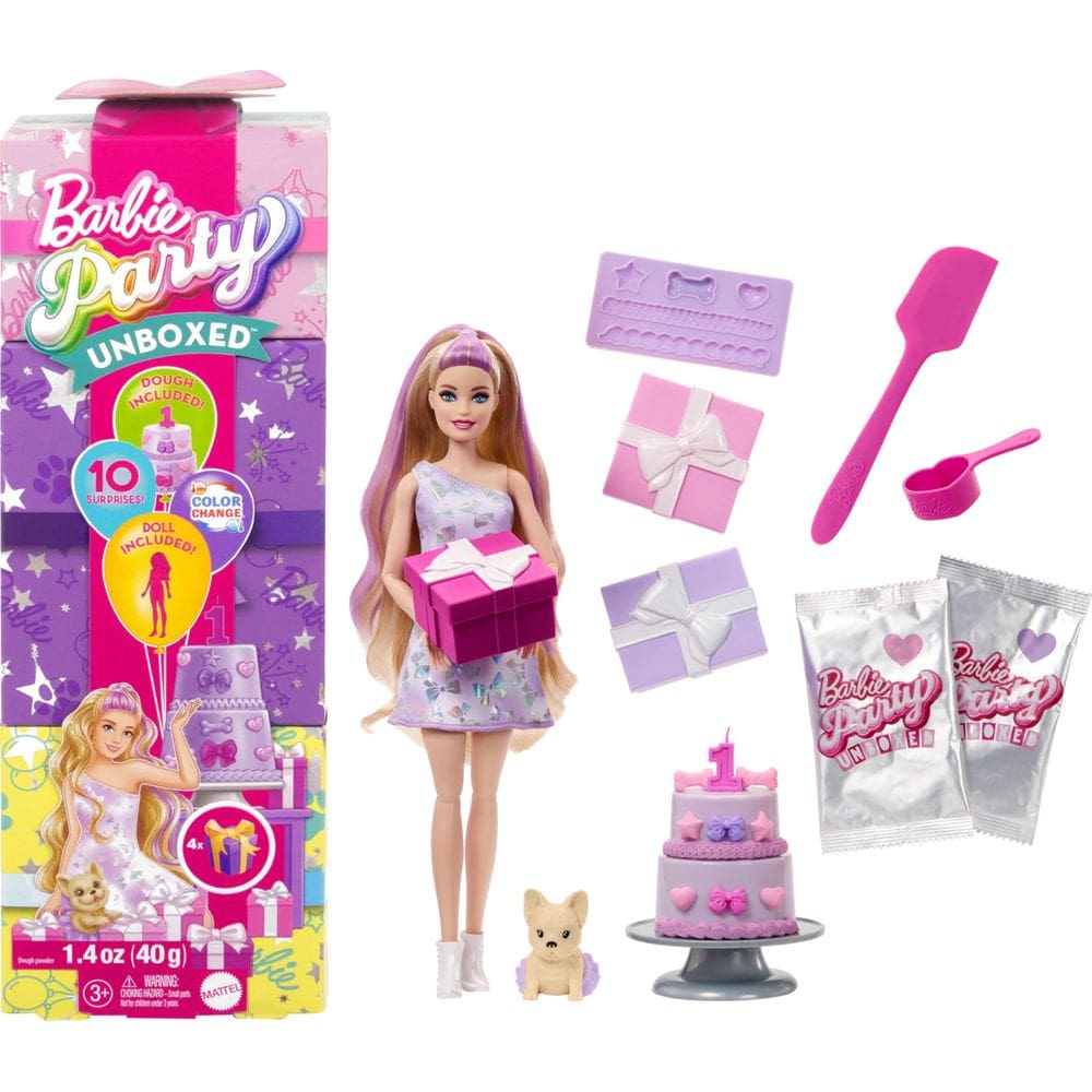 Doll Barbie Party Unboxed com acessórios Pet Birthday Series