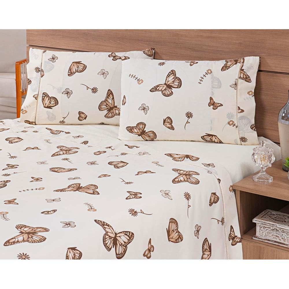 Jogo Lençol Viúva 4 Peças 198x108x25 100% Algodão 300 Fios Estampado Borboletas Cáqui Fundo Palha