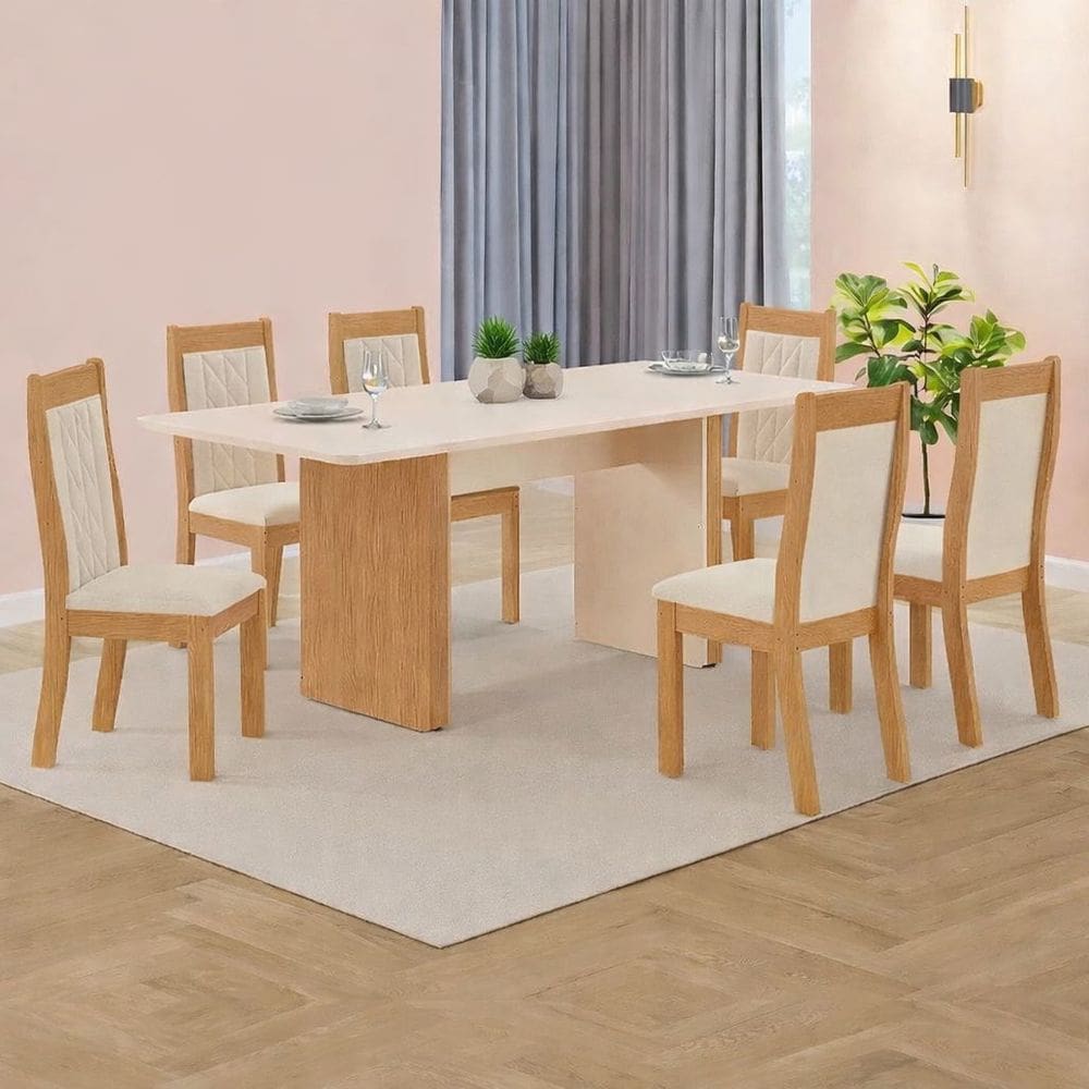 Sala de Jantar Fernanda 100% MDF Tampo de Madeira 1,60 + 6 Cadeiras Acolchoadas Bella Tuboate