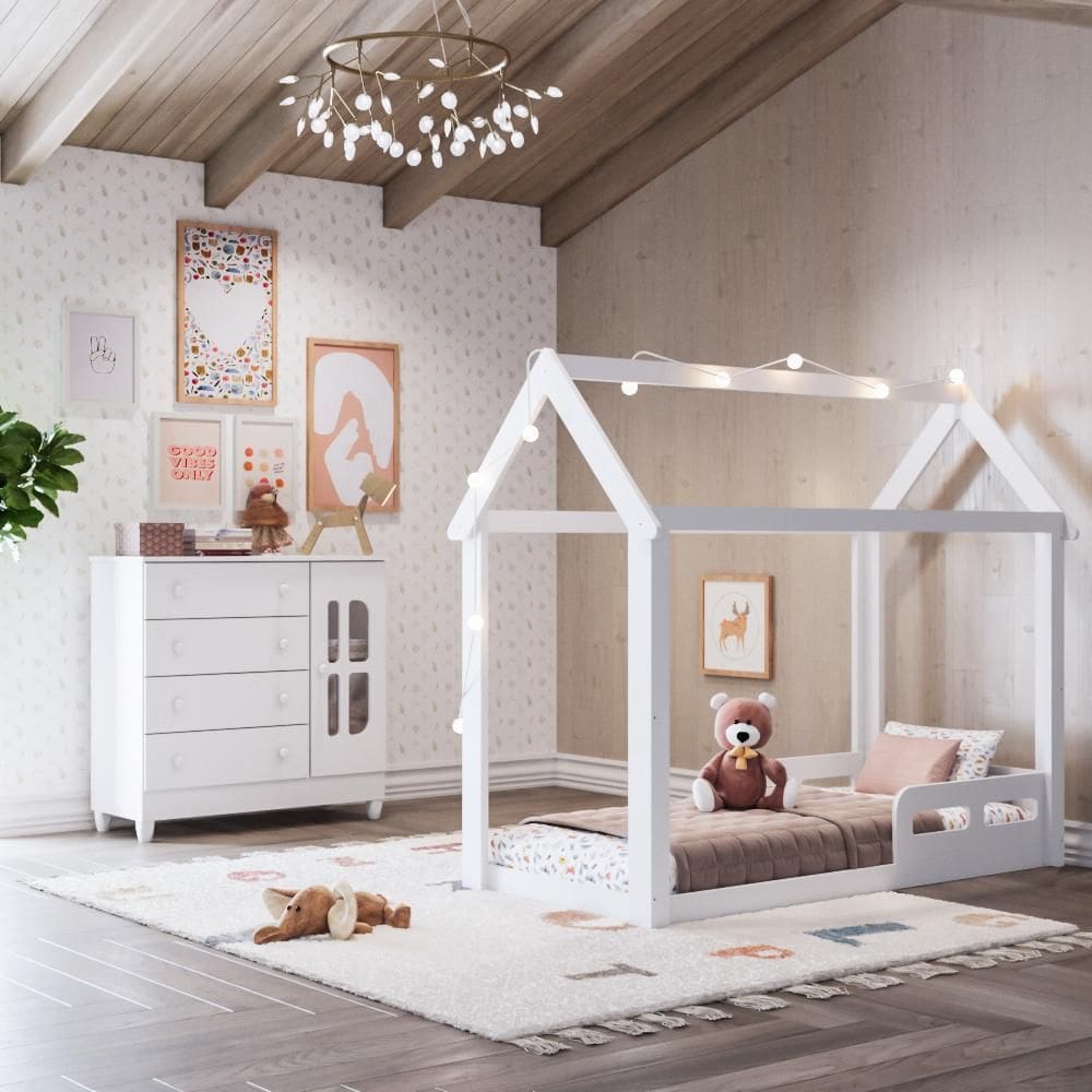 Quarto Bebê Montessoriano Analu Cama Casinha Cômoda 4 Gavetas 1 Porta Gabrielle 100% MDF