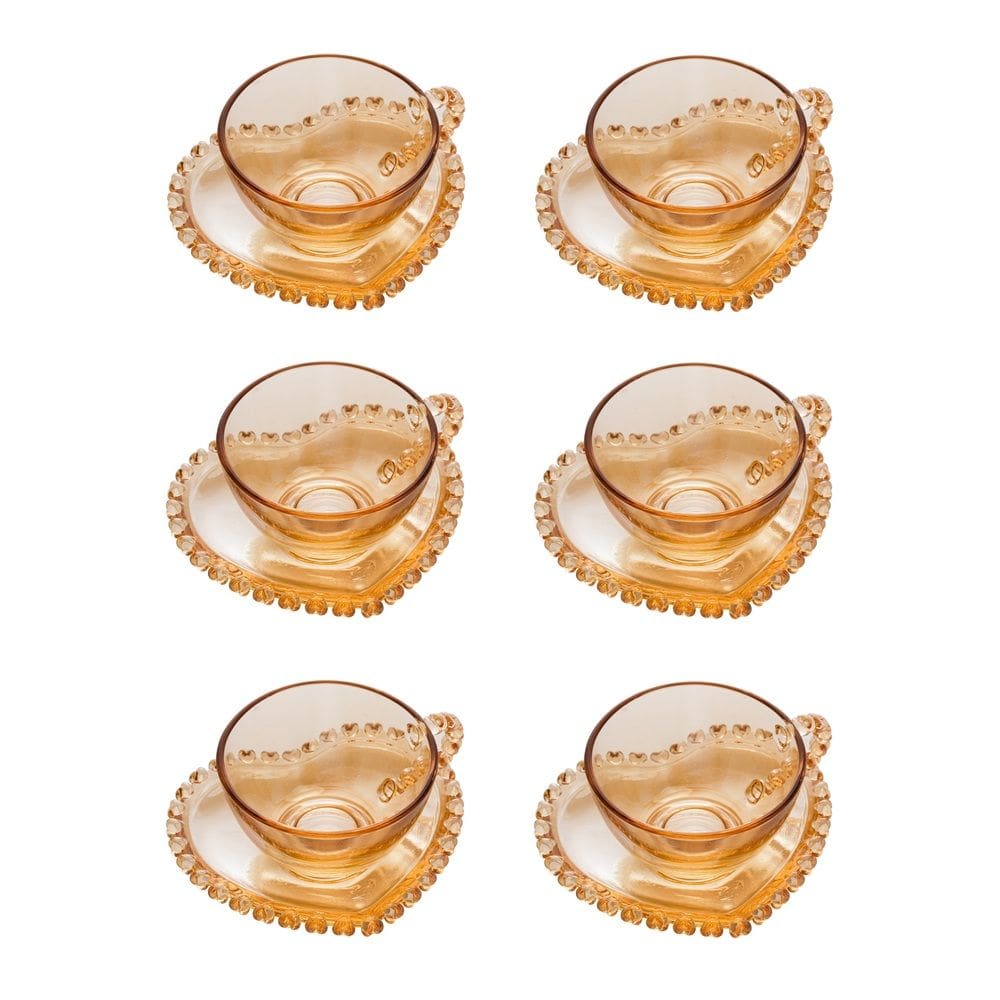 Cj 6 Xícaras P/Chá C/Pires de Cristal Coração Âmbar Metalizado 170ml Lyor