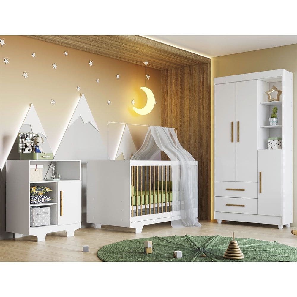 Quarto de Bebe 100 MDF Berco Minicama com Colchao, Comoda e Guarda Roupa Flocos Tigus Baby