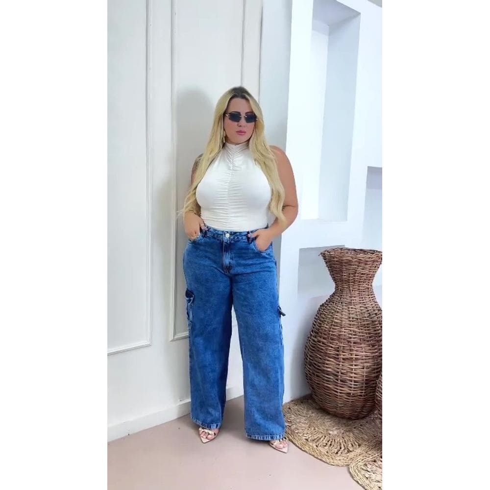 Calça Jeans Feminina Cargo Cintura Alta Plus Size