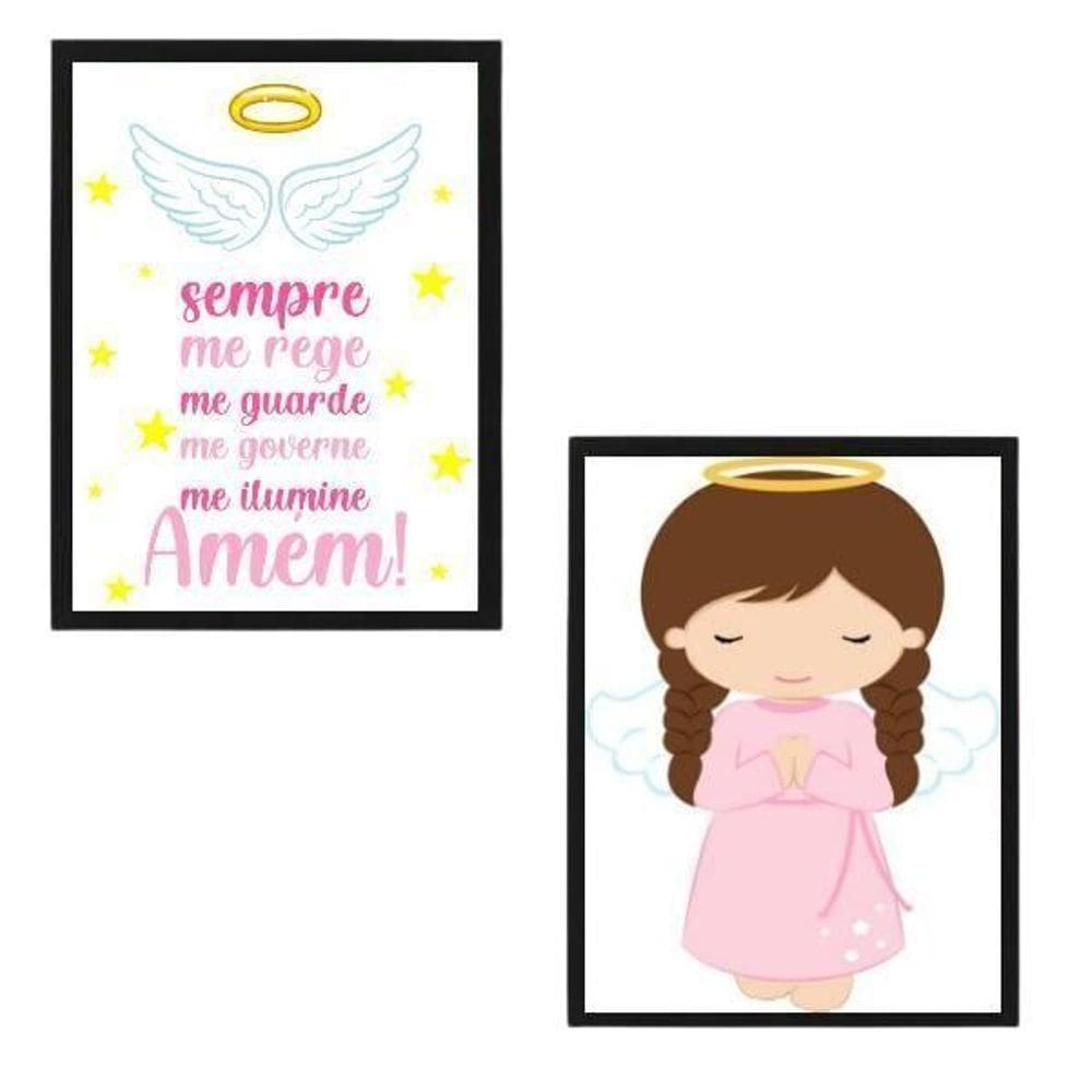 Quadros Anjo Da Guarda Rosa Moldura Preta 24X18Cm 2Un