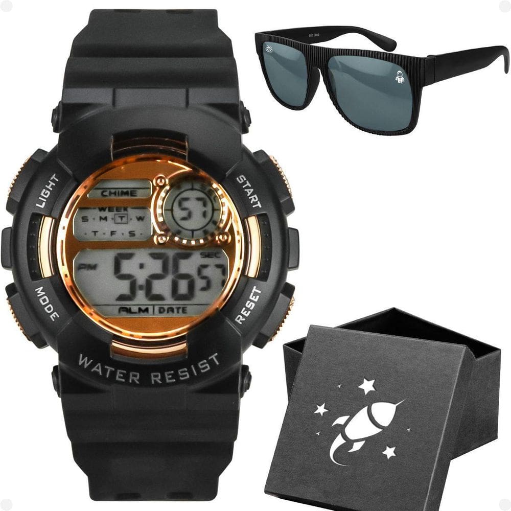 Relogio Infantil Digital Menino Preto + Caixa + Oculos Sol