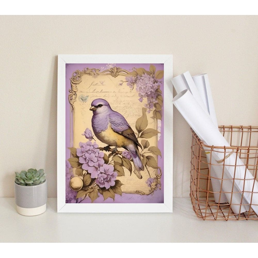 Quadro Vintage Passarinho Lilás 33x24cm - Madeira Branca