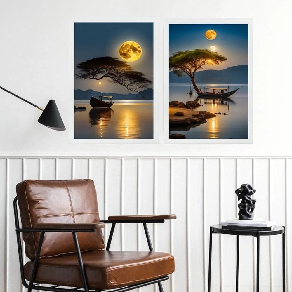 Kit 2 Quadros Paisagens Por Do Sol Rio Barcos 45X34Cm Vidro