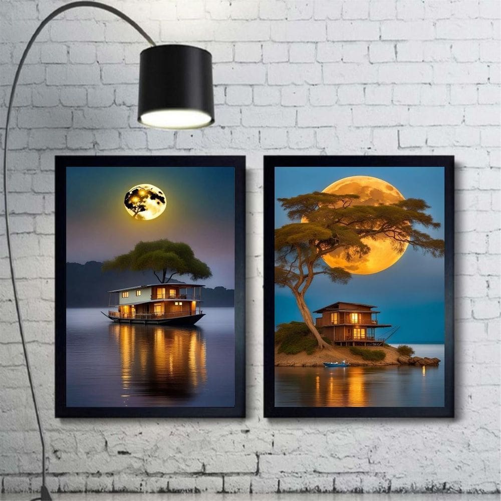 Kit 2 Quadros Paisagens Lua Rio Com Barcos 24X18Cm