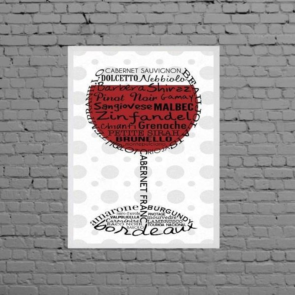 Quadro Taça De Vinho Nomes Uvas 45X34Cm - Com Vidro