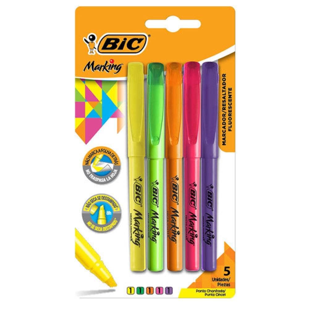 Caneta Marca Texto Fluorescente 5 Cores Marking Bic
