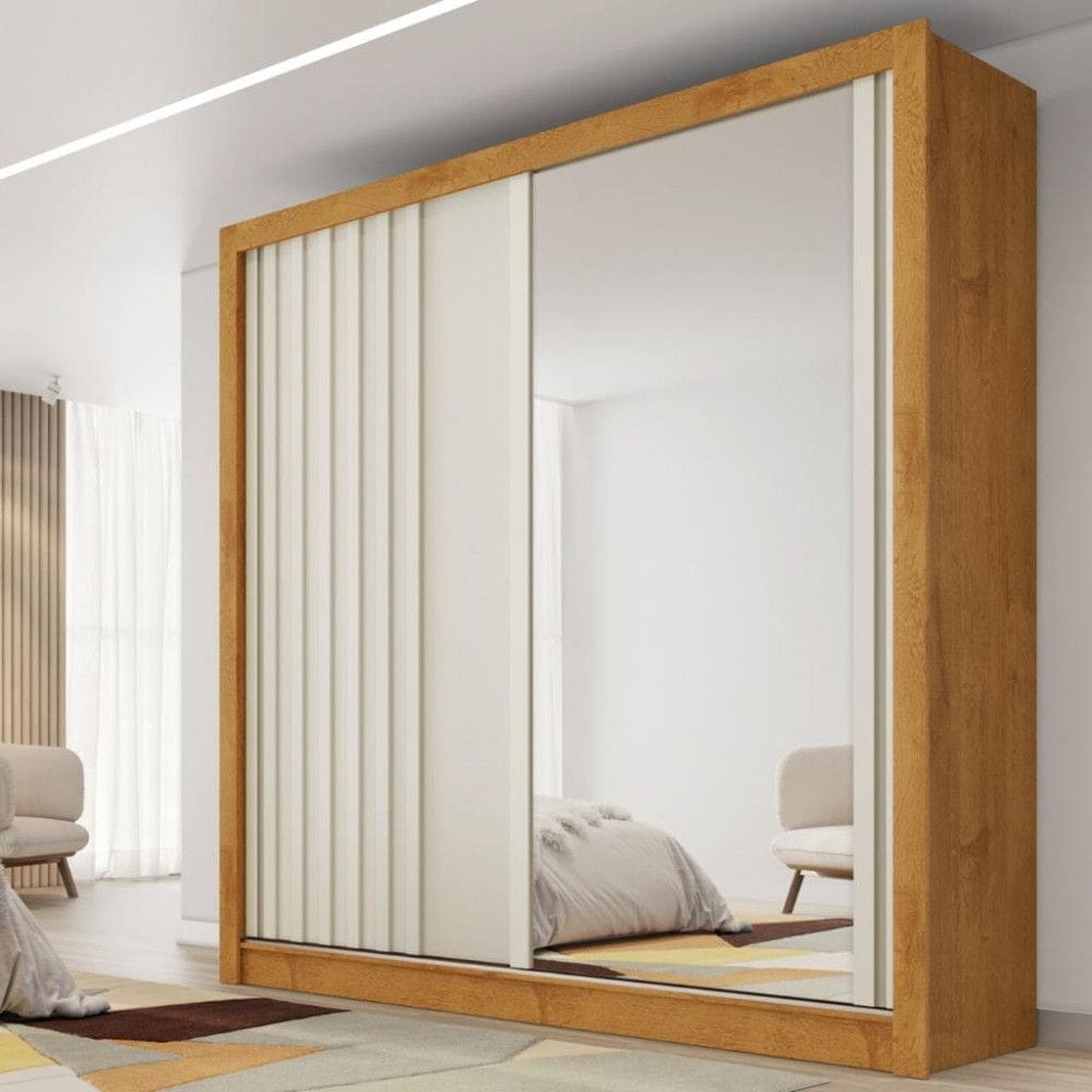 Guarda Roupa Casal com Espelho 2 Portas de Correr 4 Gavetas Ripado Lugano Made Marcs