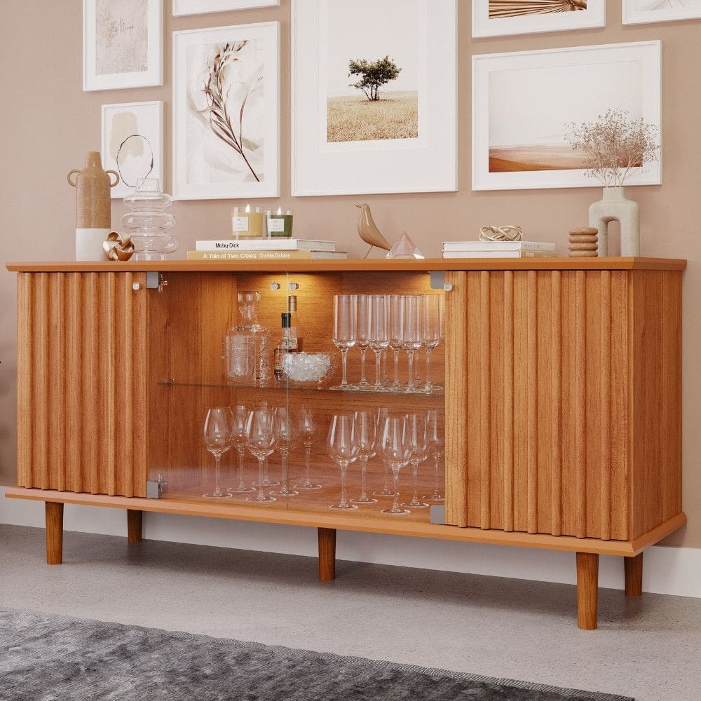 Aparador Buffet Ripado 4 Porta com LED Vidro e Pes de Madeira 100  MDF Janice Cimol