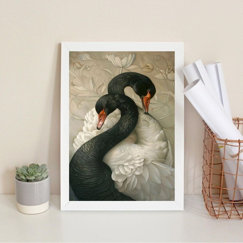 Quadro Decorativo Cisnes Branco E Negro 33X24Cm