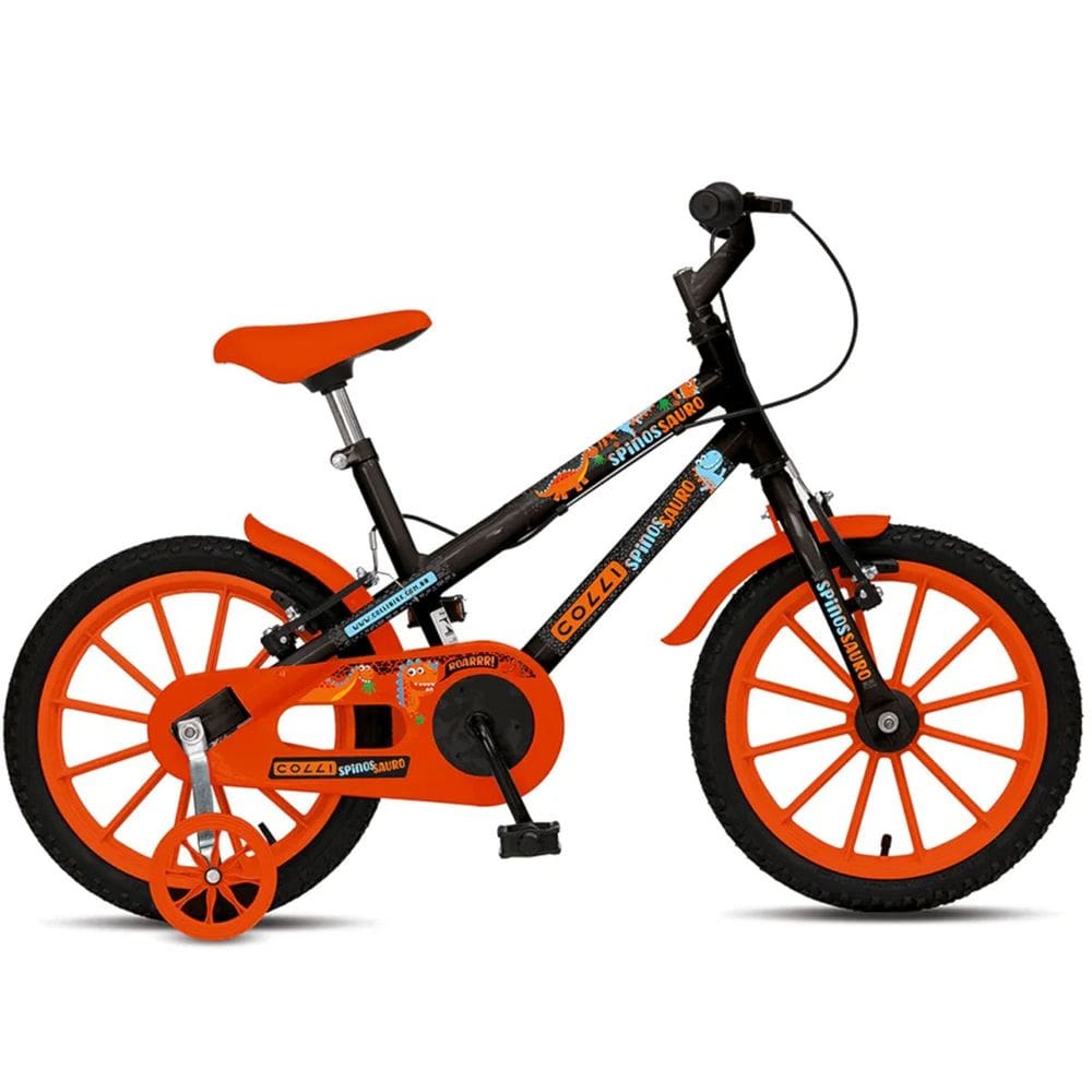 Bicicleta Infantil Colli Spinossauro Aventuras Com Rodinha Lateral Preto Fosco Aro 16 Quadro Aço Carbono 4+ anos Freio V-Brake Masculina Menino