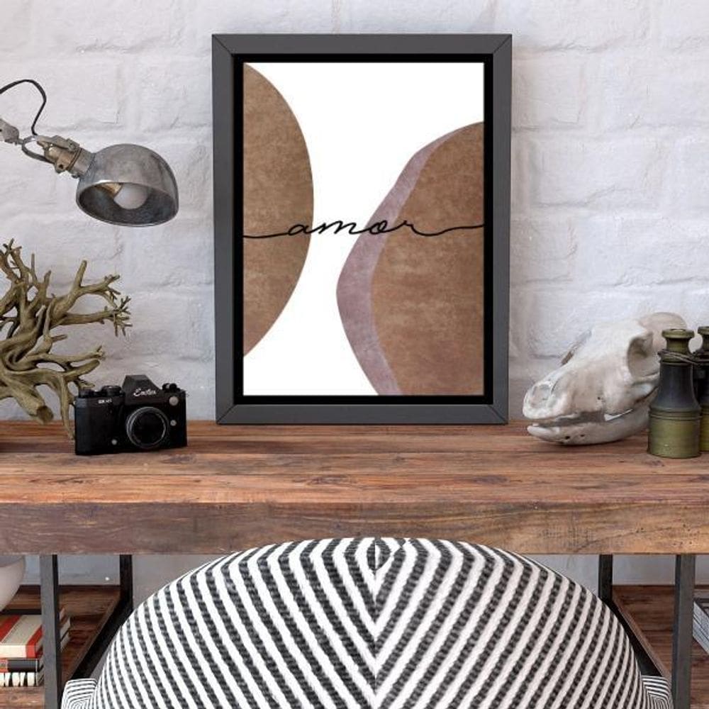 Quadro Decorativo Amor Abstrato Marrom Moldura Preta 24X18Cm