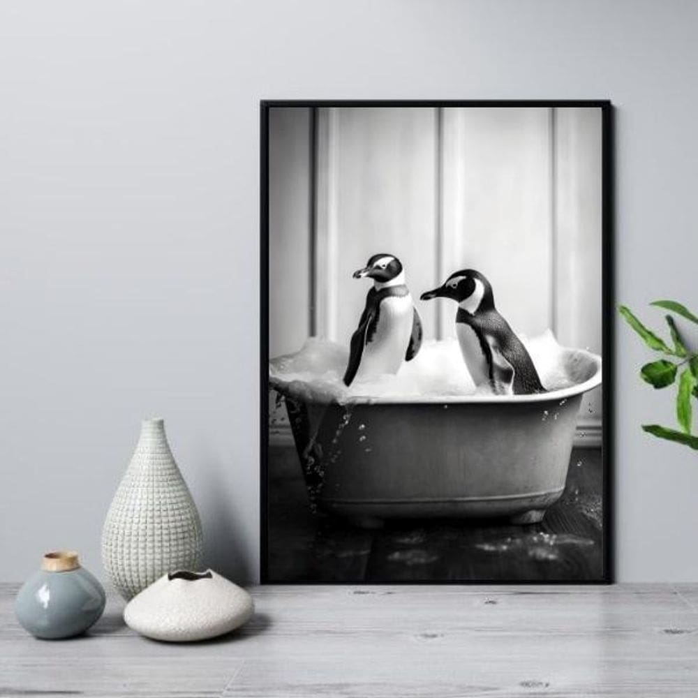 Quadro Para Banheiro Casal De Pinguins 24X18Cm