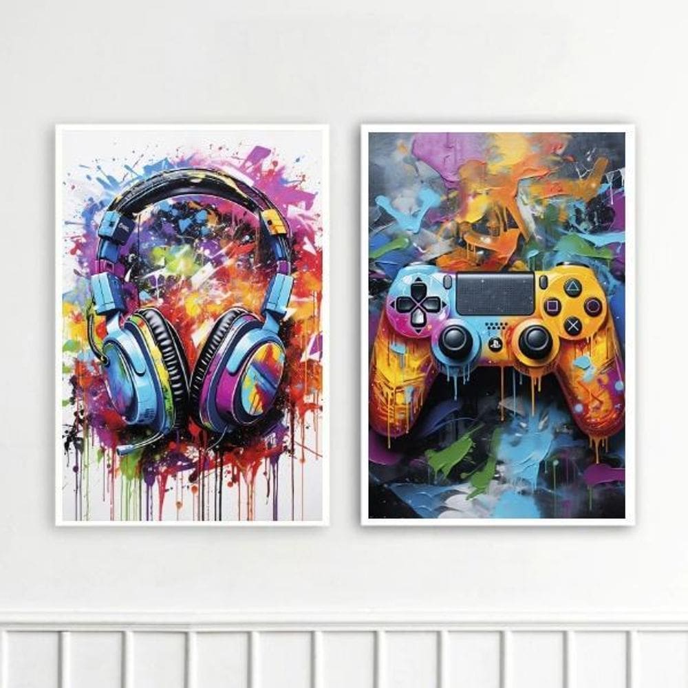 Kit 2 Quadros Controle Vídeo-Game E Fone Ouvido 45X34Cm