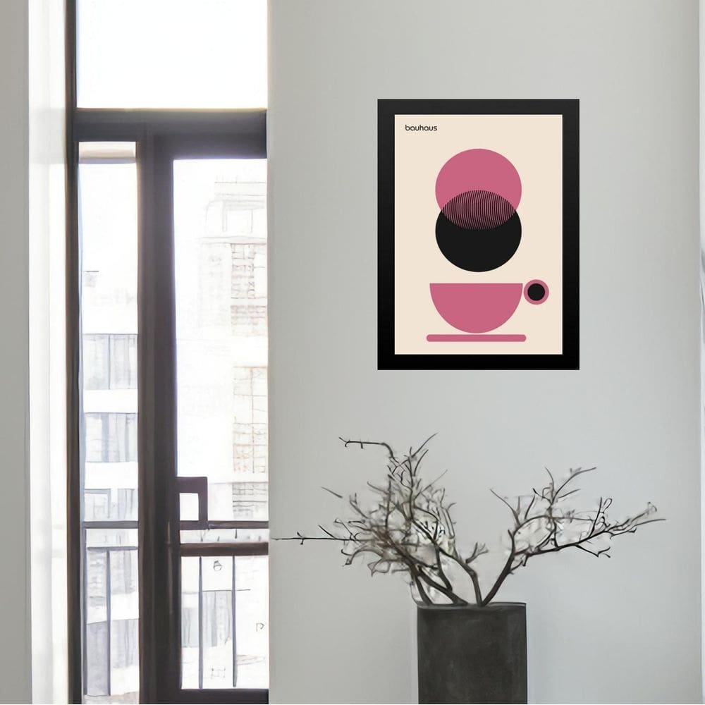 Quadro Bauhaus Xícara De Café - Rosa 45X34Cm - Com Vidro