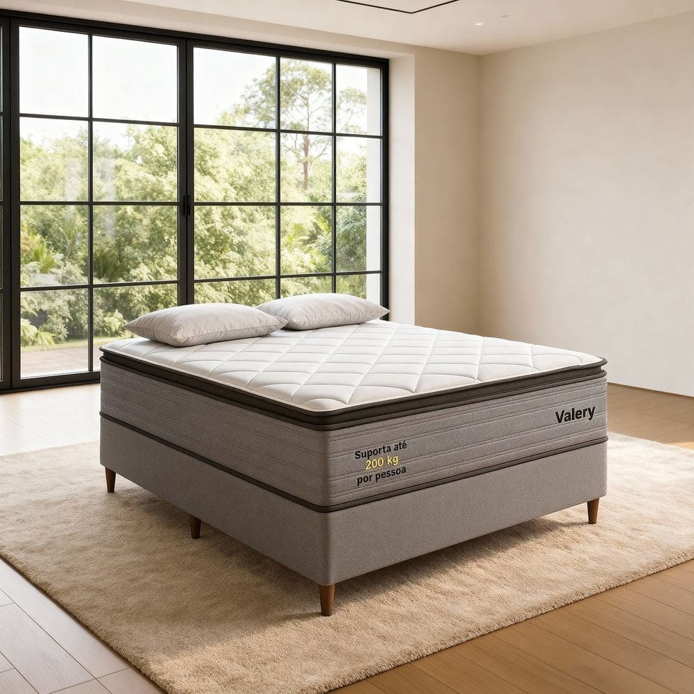 Conjunto Colchão Casal Pkt 20 Eps com Box Spring Valery Luxo Cinza/Branco