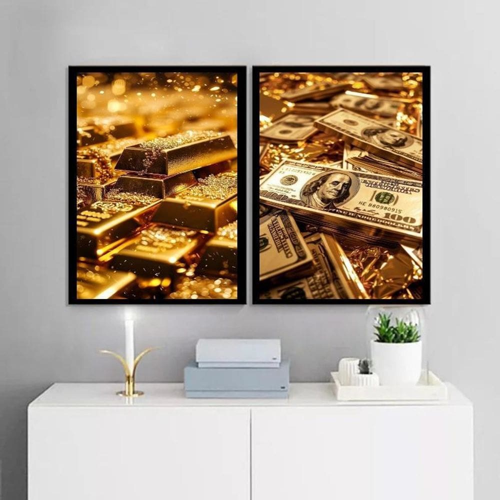 Kit 2 Quadros Arquétipo Dinheiro Fortuna 45X34Cm - Com Vidro