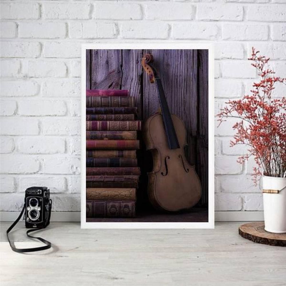 Quadro Decorativo Violino Com Livros 24X18Cm Moldura Branca
