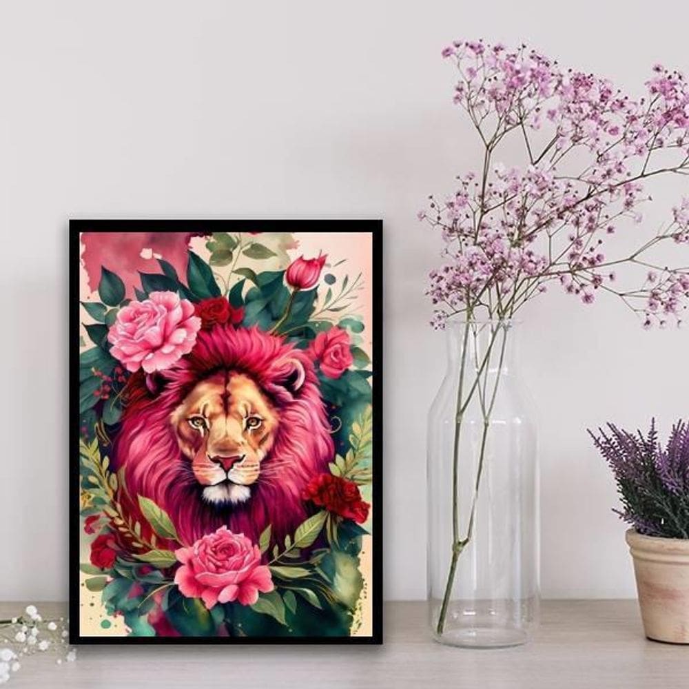 Quadro Decorativo Leão Com Rosas 33X24Cm - Com Vidro Preto