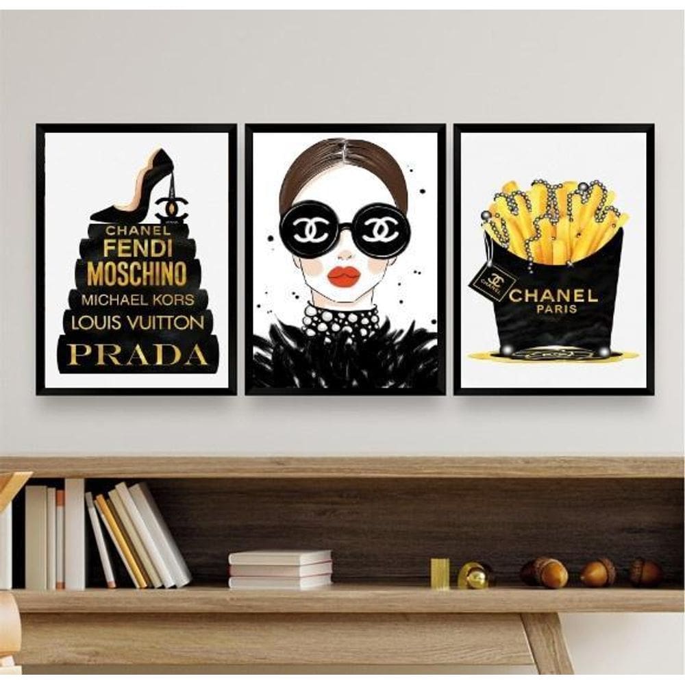 Kit 3 Quadros Fashion Marcas Mulher 24x18cm - Madeira Branca