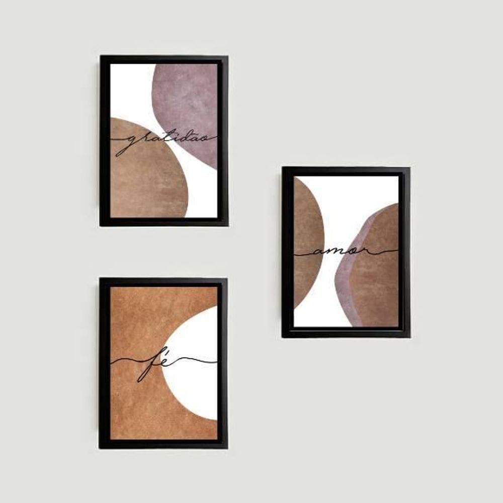 Kit 3 Quadros Amor Fé Gratidão Abstrato 33X24Cm Com Vidro