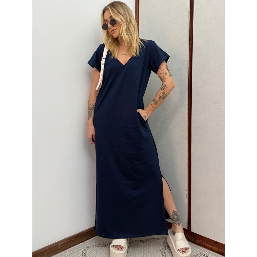 Vestido Longo de Algodão com Bolso Decote V Azul Marinho