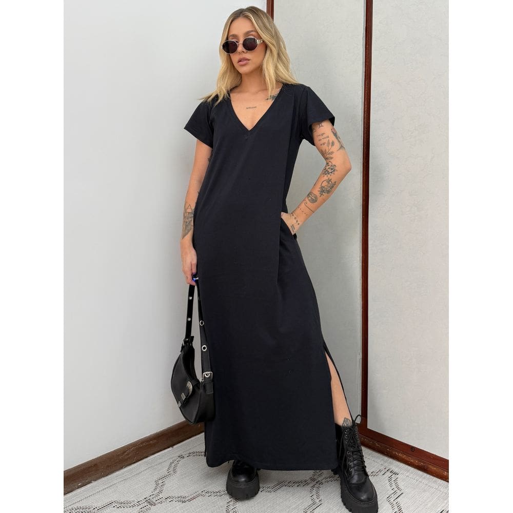 Vestido Longo de Algodão com Bolso Decote V Preto