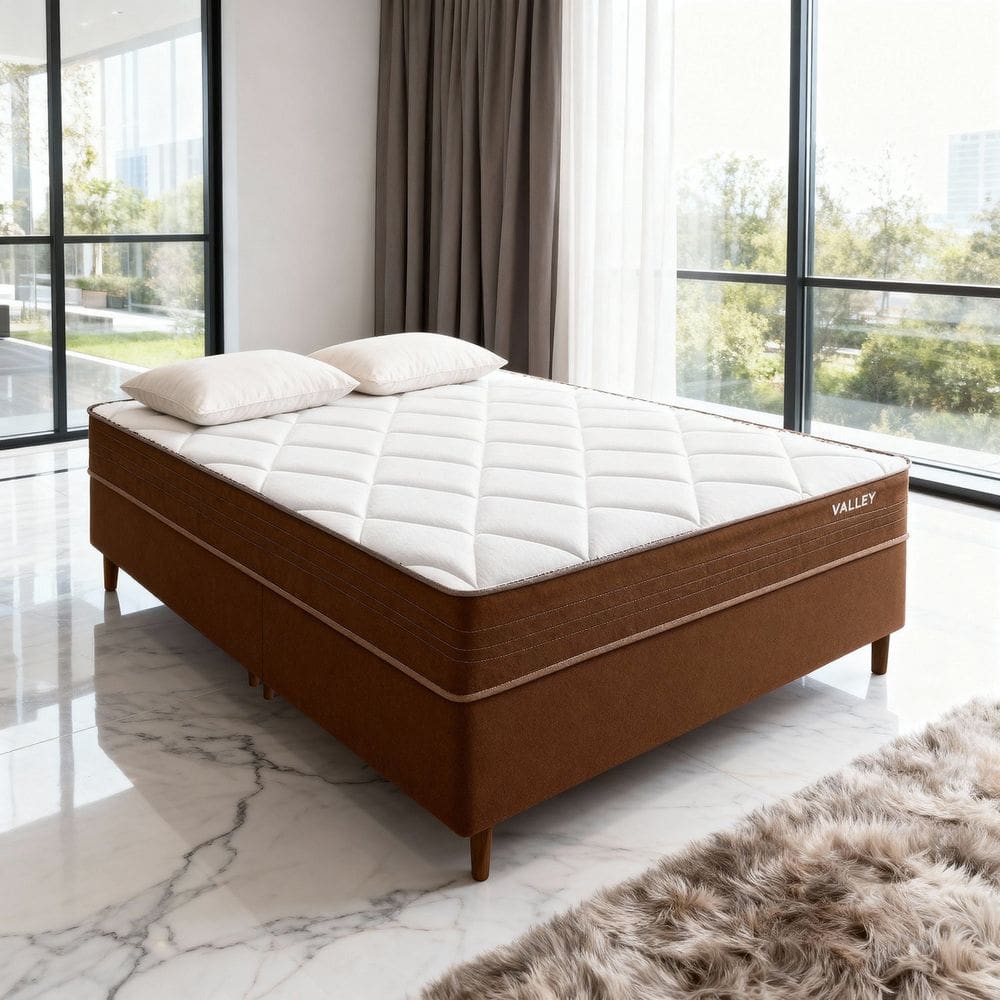 Conjunto Colchão Queen Vallery Pkt 10 Eps com Box Duplo Invertido Luxo Marrom/Branco