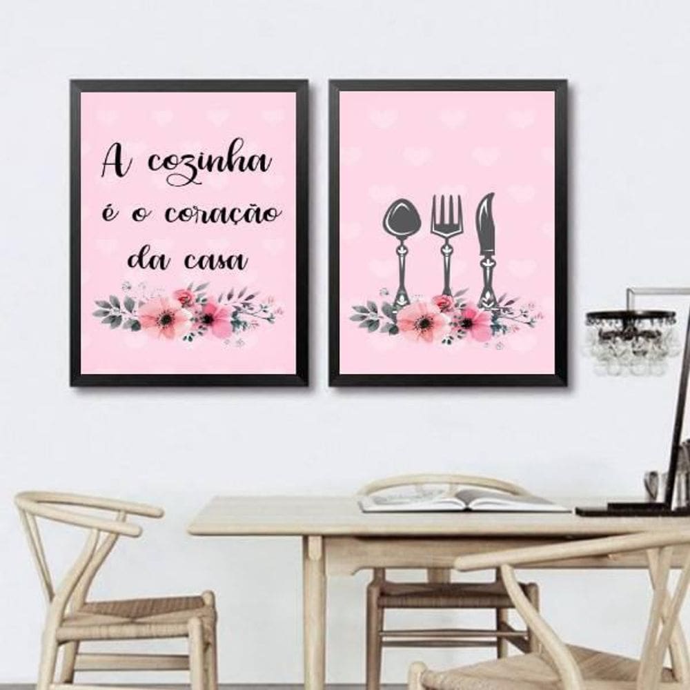 Kit 2 Quadros Cozinha Coração Da Casa Rosa 24X18Cm