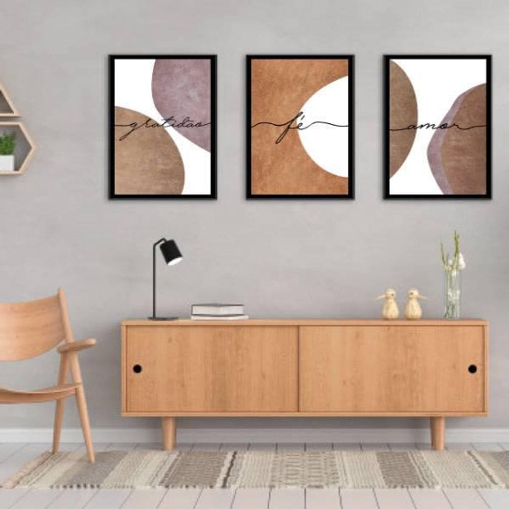 Kit 03 Quadros Decorativos Amor Fé Gratidão Abstrato
