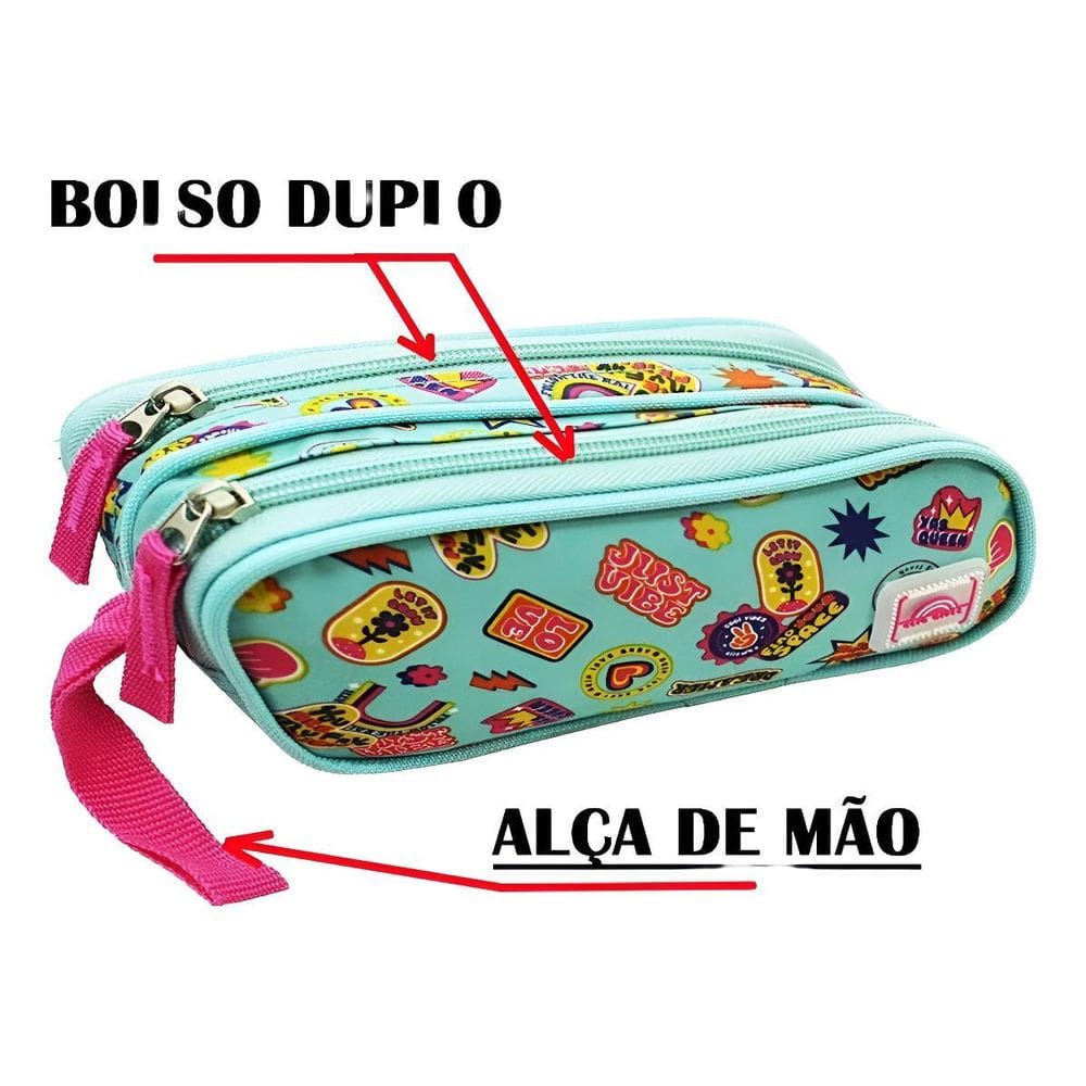 Estojo Escolar Meninas Emoji Coração Duplo Compartimento