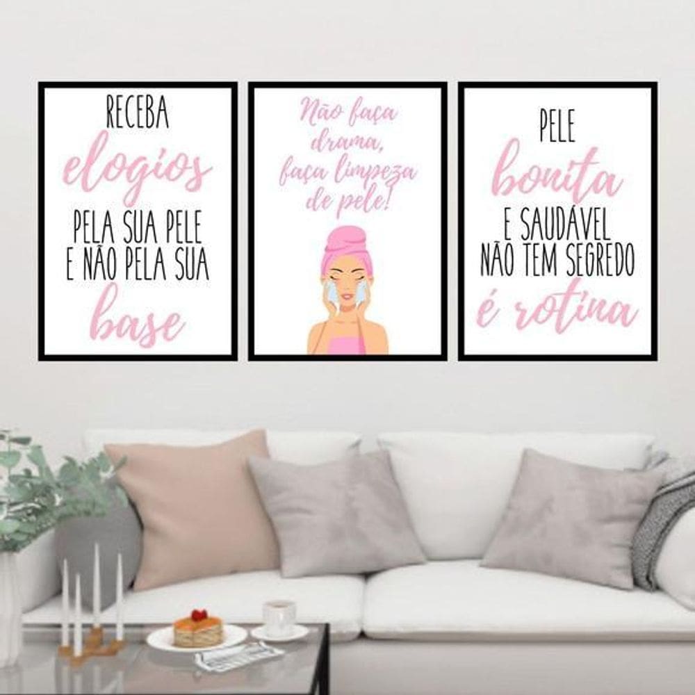 Kit 3 Quadros Limpeza De Pele 45X34Cm Vidro Moldura Preta