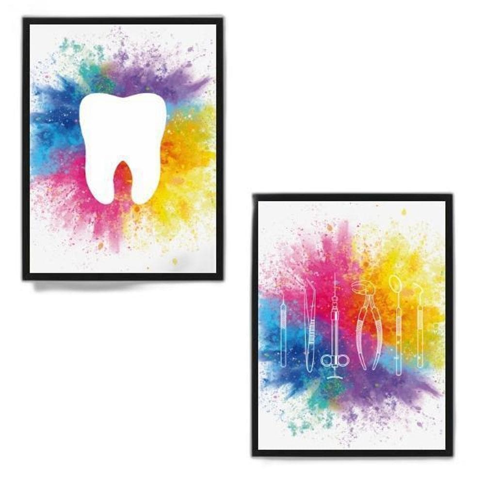 Kit 2 Quadros Para Dentista Aquarela 45X34Cm Madeira Preta