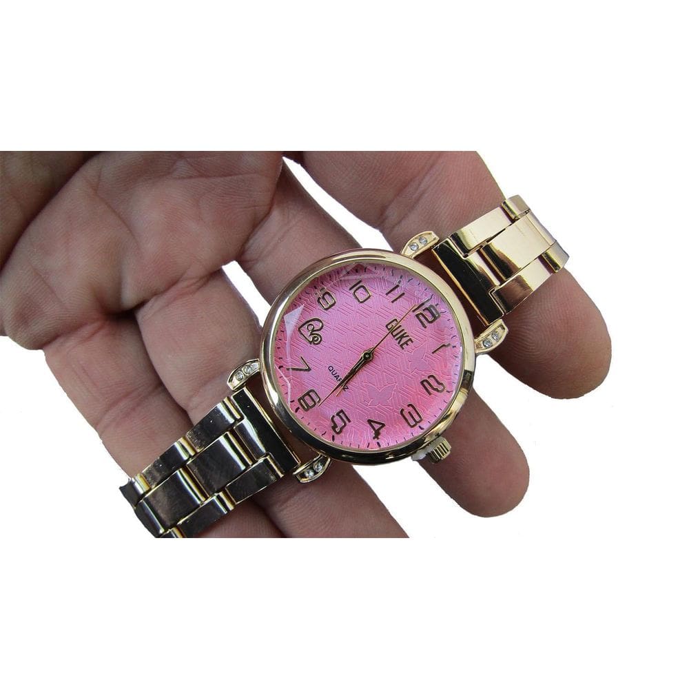 Relogio Feminino Pulseira Dourada Quartzo Fundo Rosa